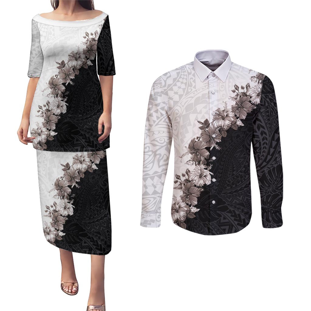 Hawaii Grayscale Hibiscus Flowers Couples Matching Puletasi and Long Sleeve Button Shirt Polynesian Pattern With Half Black White Version LT03 Black - Polynesian Pride