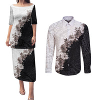 Hawaii Grayscale Hibiscus Flowers Couples Matching Puletasi and Long Sleeve Button Shirt Polynesian Pattern With Half Black White Version LT03 Black - Polynesian Pride
