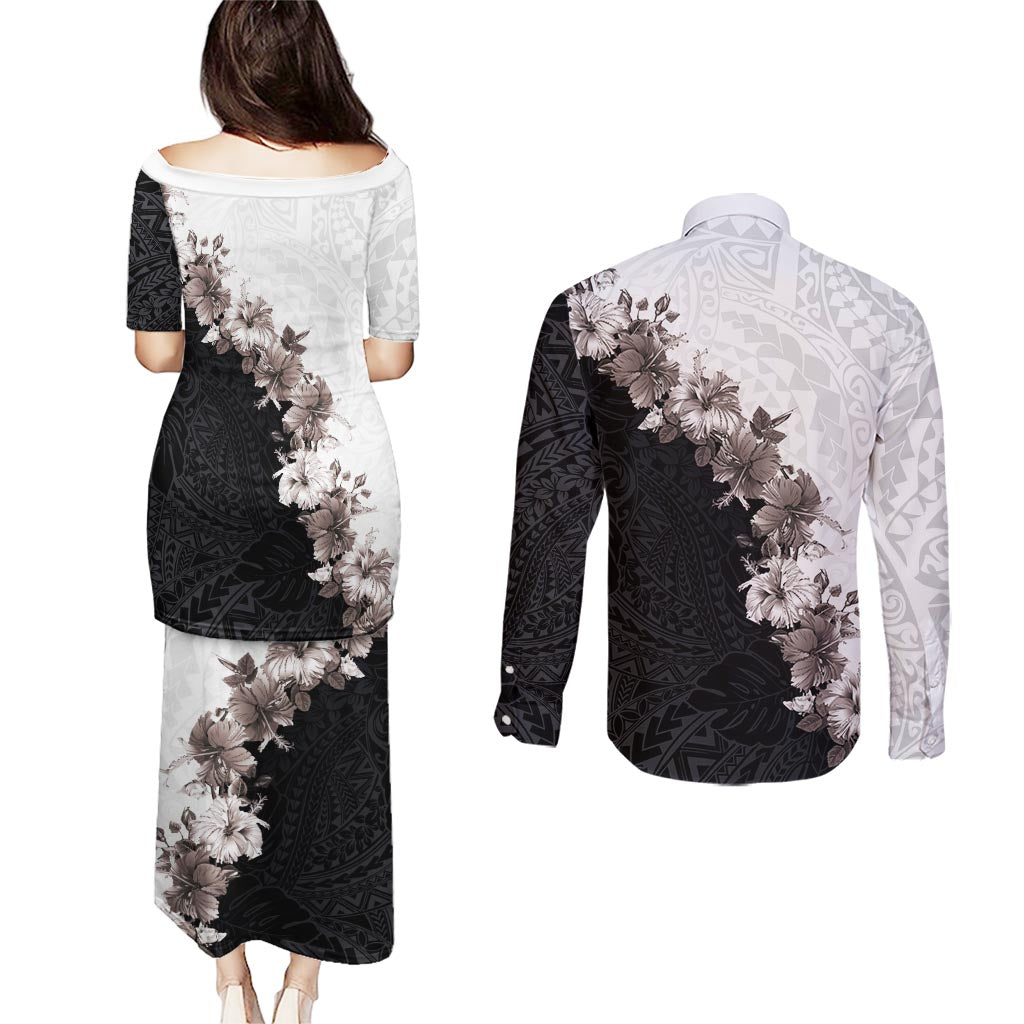 Hawaii Grayscale Hibiscus Flowers Couples Matching Puletasi and Long Sleeve Button Shirt Polynesian Pattern With Half Black White Version LT03 - Polynesian Pride