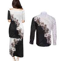 Hawaii Grayscale Hibiscus Flowers Couples Matching Puletasi and Long Sleeve Button Shirt Polynesian Pattern With Half Black White Version LT03 - Polynesian Pride