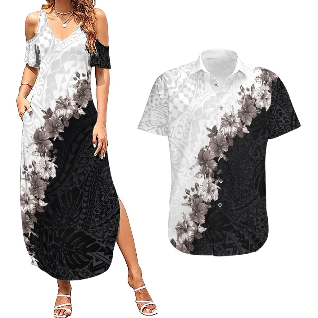 Hawaii Grayscale Hibiscus Flowers Couples Matching Summer Maxi Dress and Hawaiian Shirt Polynesian Pattern With Half Black White Version