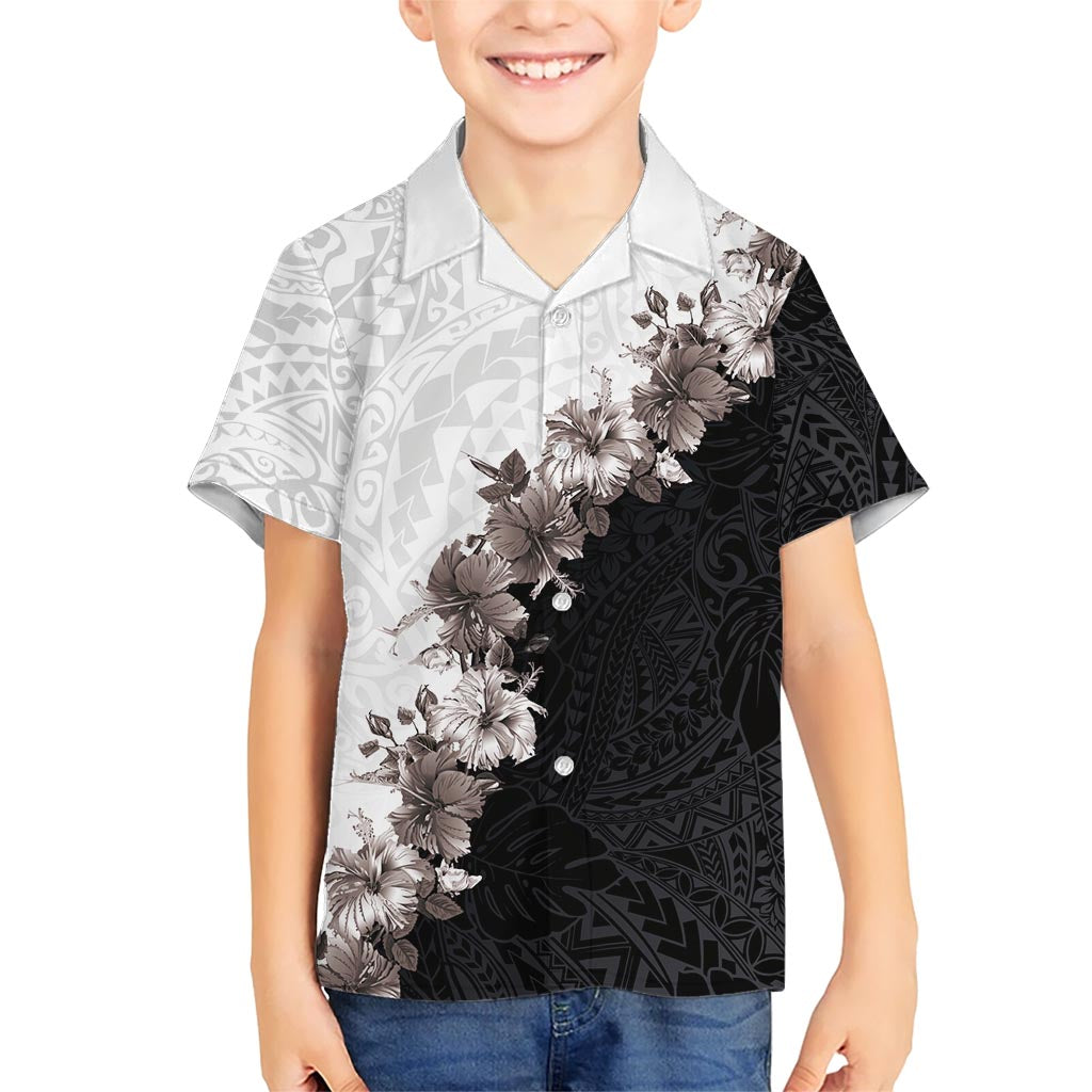 Hawaii Grayscale Hibiscus Flowers Kid Hawaiian Shirt Polynesian Pattern With Half Black White Version LT03 Kid Black - Polynesian Pride