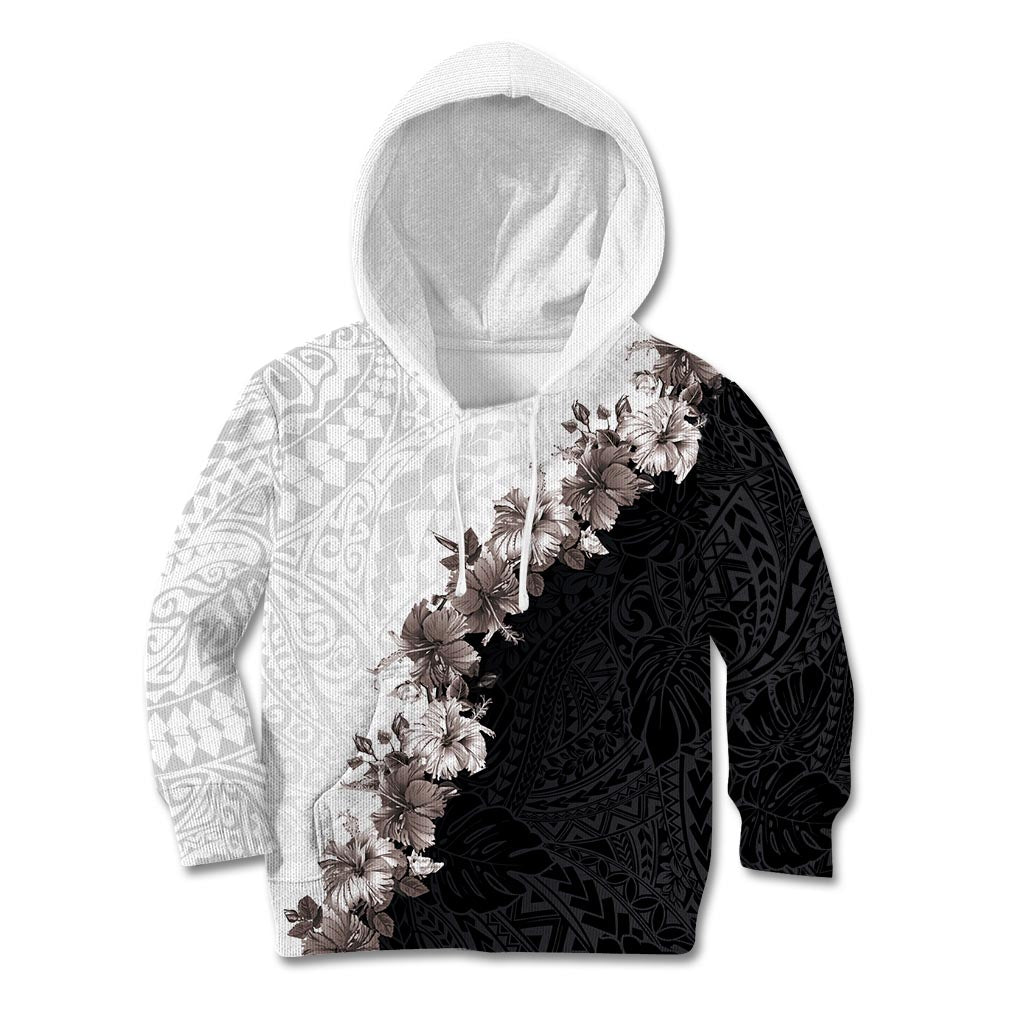 Hawaii Grayscale Hibiscus Flowers Kid Hoodie Polynesian Pattern With Half Black White Version