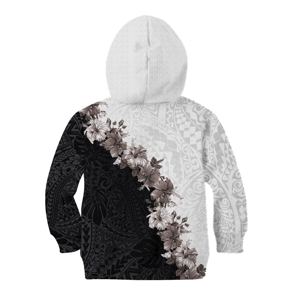 Hawaii Grayscale Hibiscus Flowers Kid Hoodie Polynesian Pattern With Half Black White Version
