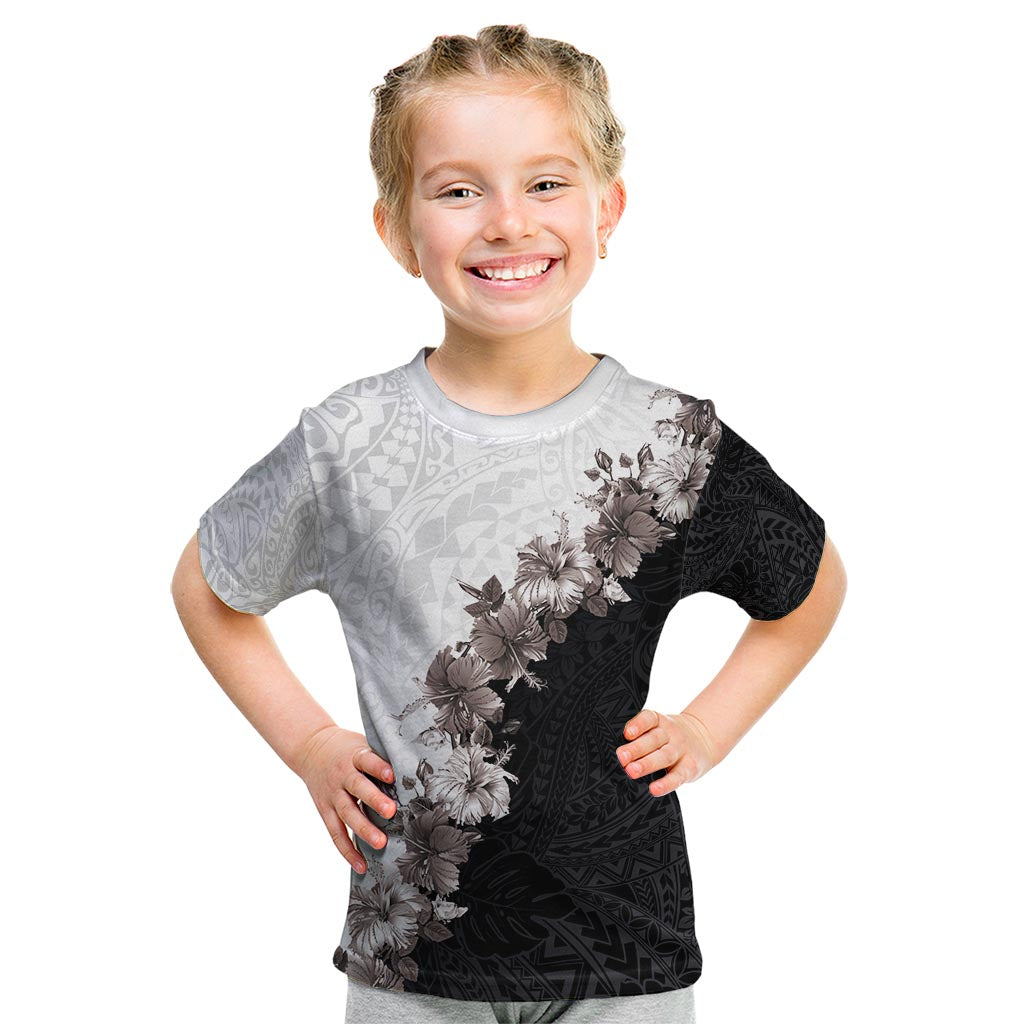 Hawaii Grayscale Hibiscus Flowers Kid T Shirt Polynesian Pattern With Half Black White Version LT03 Black - Polynesian Pride