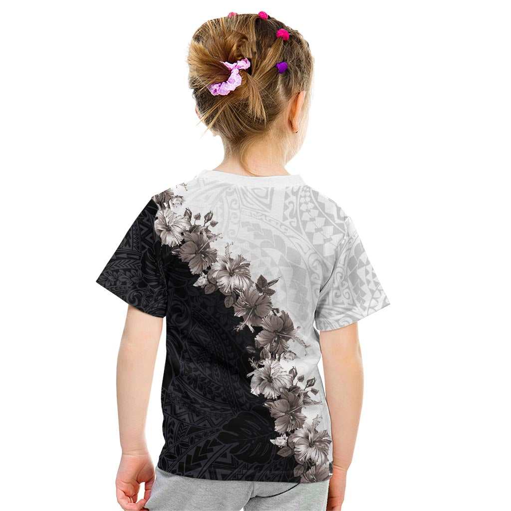 Hawaii Grayscale Hibiscus Flowers Kid T Shirt Polynesian Pattern With Half Black White Version LT03 - Polynesian Pride