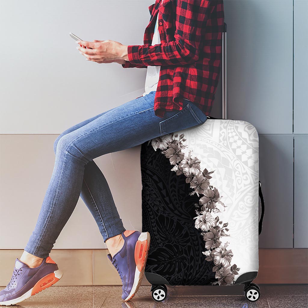 Hawaii Grayscale Hibiscus Flowers Luggage Cover Polynesian Pattern With Half Black White Version