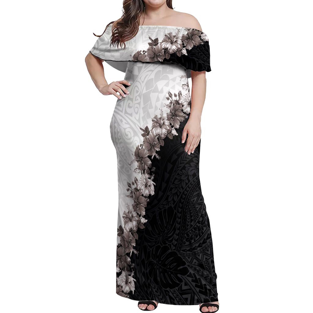 Hawaii Grayscale Hibiscus Flowers Off Shoulder Maxi Dress Polynesian Pattern With Half Black White Version
