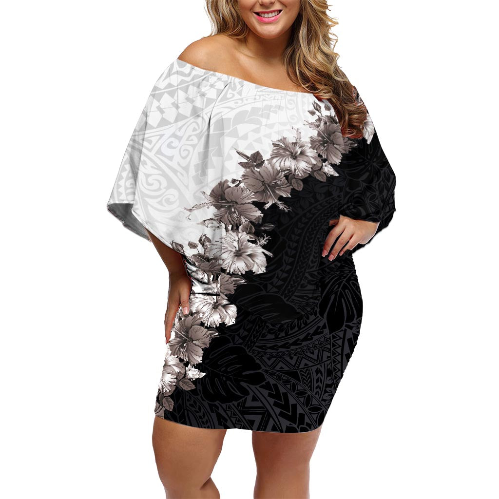 Hawaii Grayscale Hibiscus Flowers Off Shoulder Short Dress Polynesian Pattern With Half Black White Version