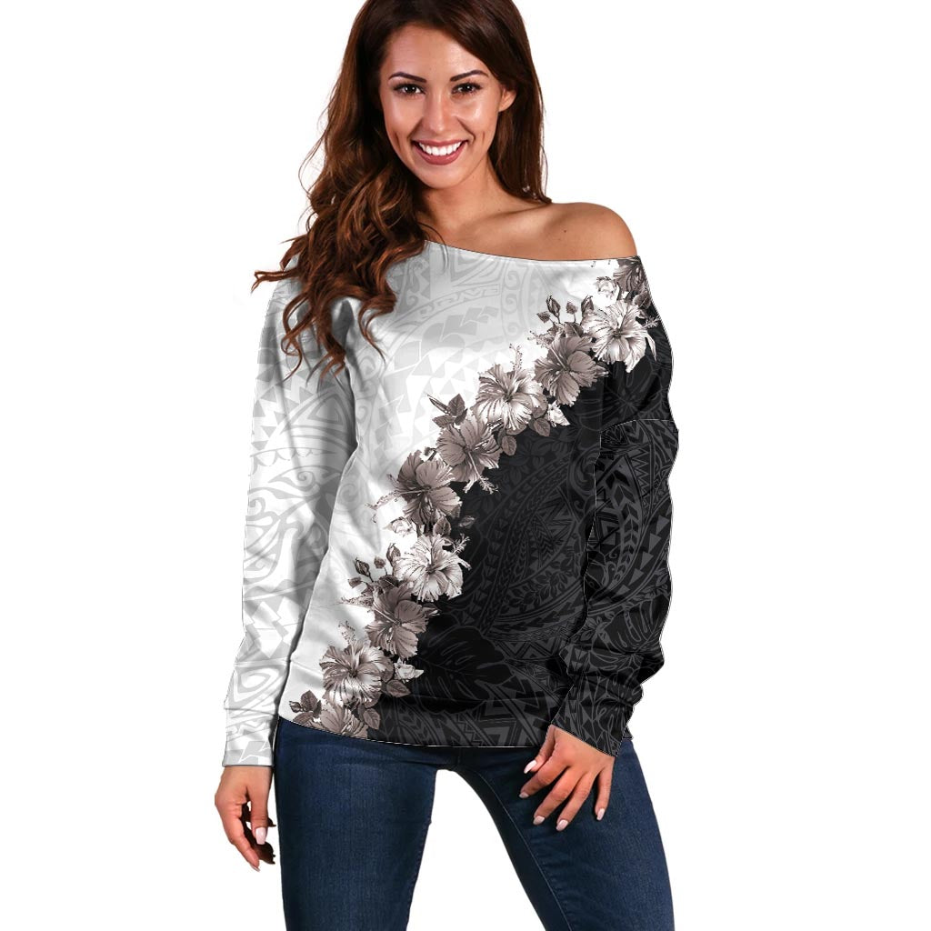 Hawaii Grayscale Hibiscus Flowers Off Shoulder Sweater Polynesian Pattern With Half Black White Version