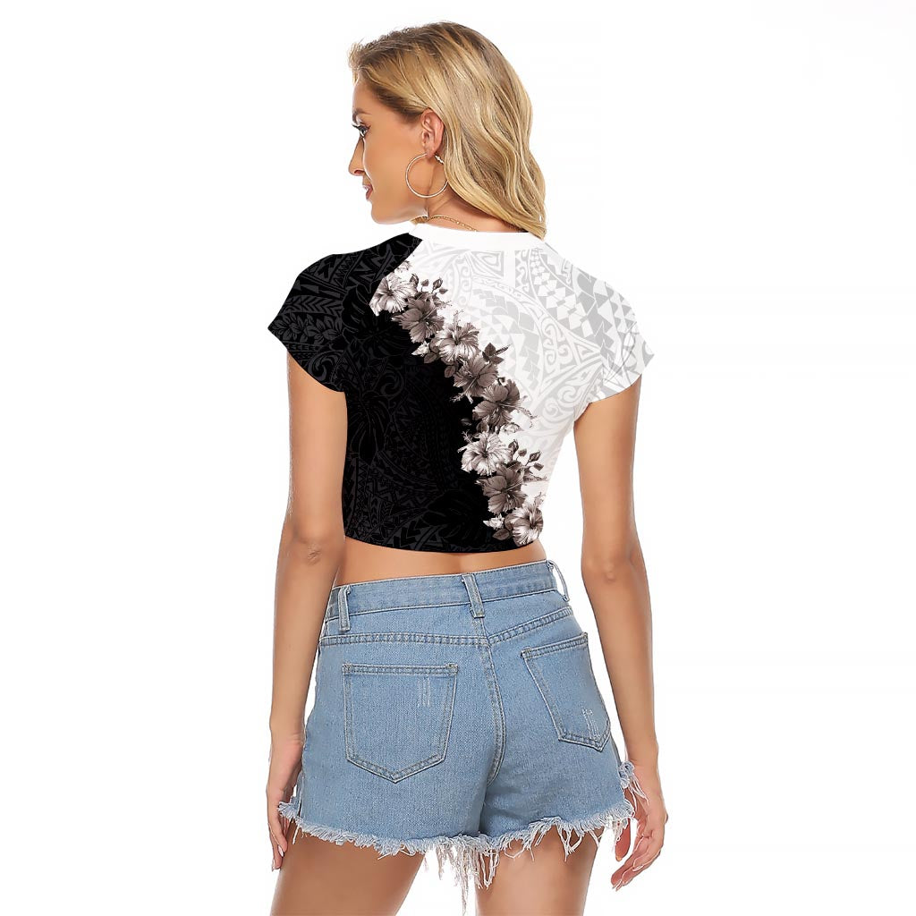 Hawaii Grayscale Hibiscus Flowers Raglan Cropped T Shirt Polynesian Pattern With Half Black White Version LT03 - Polynesian Pride