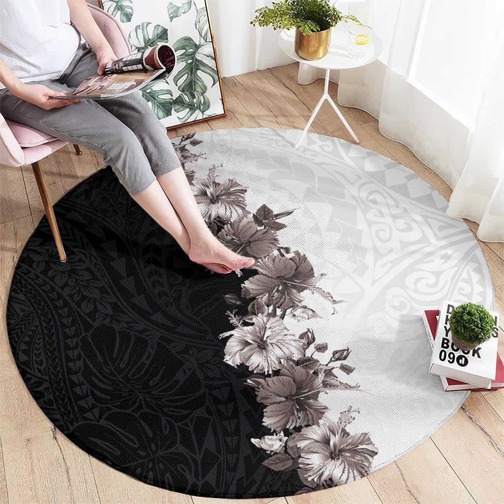 Hawaii Grayscale Hibiscus Flowers Round Carpet Polynesian Pattern With Half Black White Version