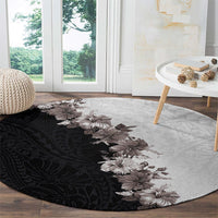 Hawaii Grayscale Hibiscus Flowers Round Carpet Polynesian Pattern With Half Black White Version