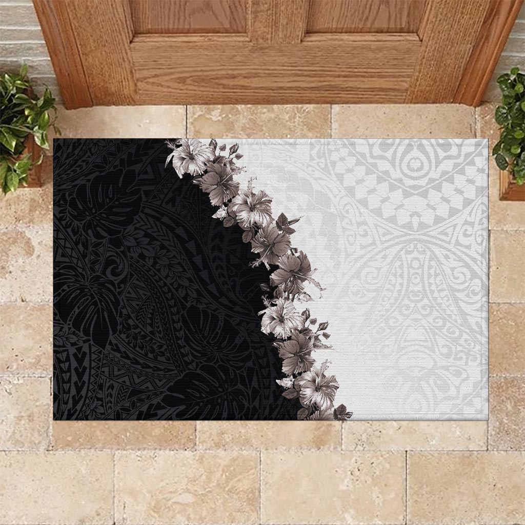 Hawaii Grayscale Hibiscus Flowers Rubber Doormat Polynesian Pattern With Half Black White Version