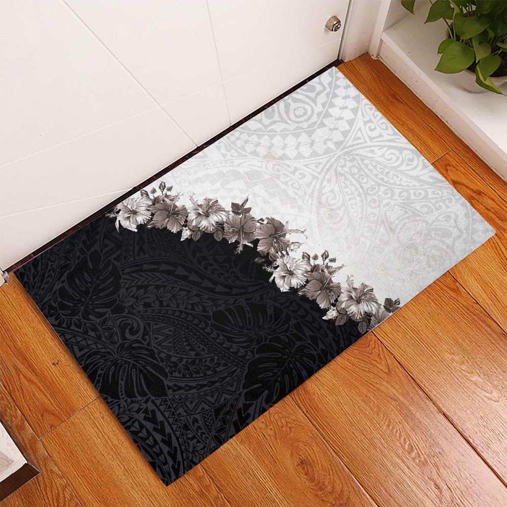Hawaii Grayscale Hibiscus Flowers Rubber Doormat Polynesian Pattern With Half Black White Version