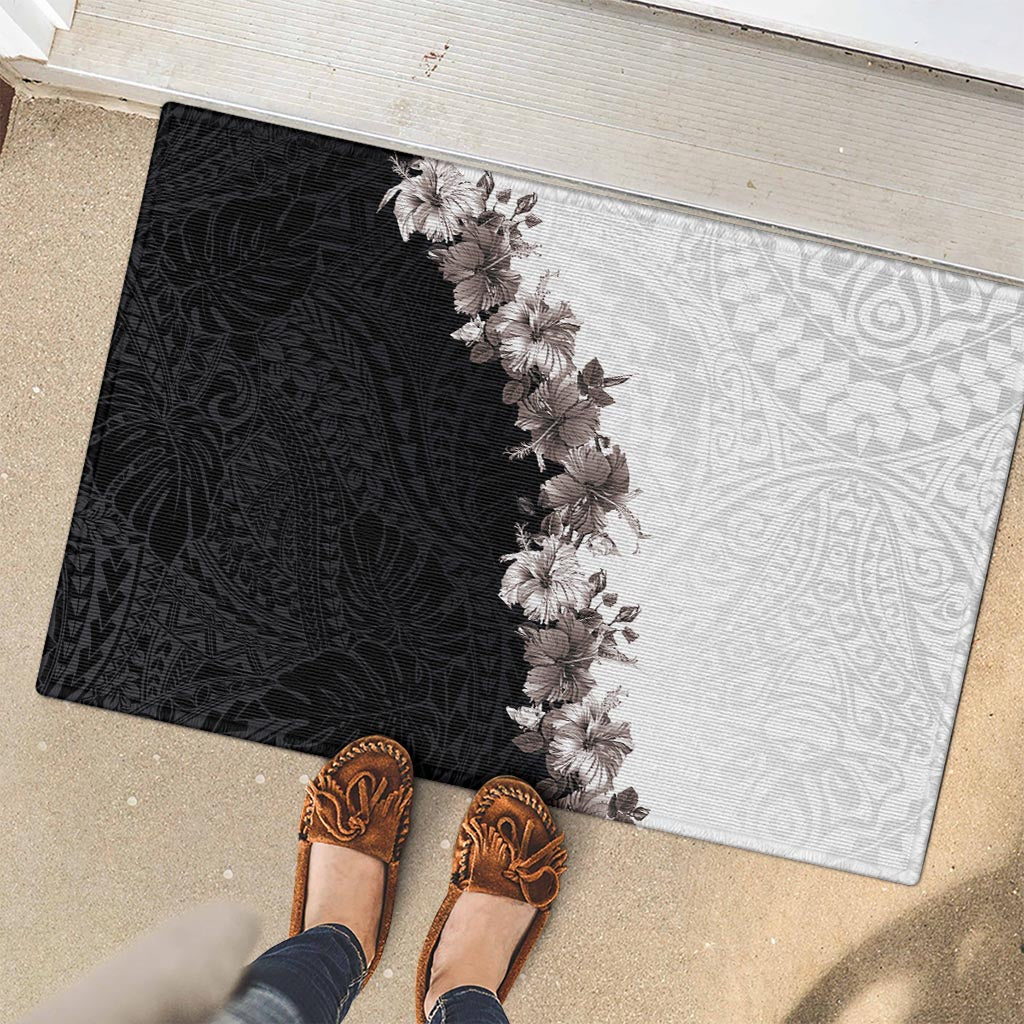 Hawaii Grayscale Hibiscus Flowers Rubber Doormat Polynesian Pattern With Half Black White Version