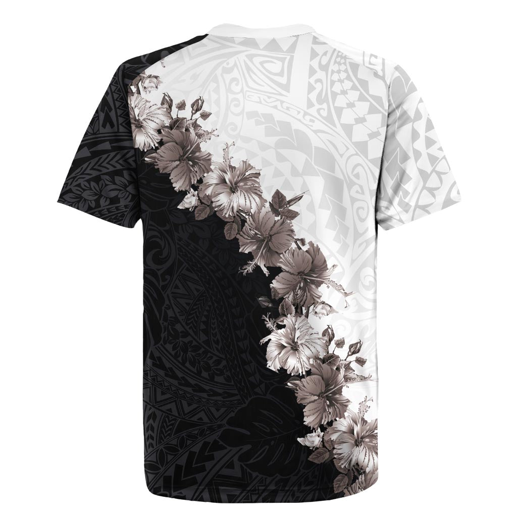 Hawaii Grayscale Hibiscus Flowers Rugby Jersey Polynesian Pattern With Half Black White Version