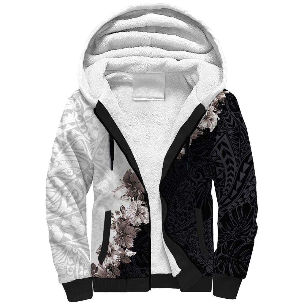 Hawaii Grayscale Hibiscus Flowers Sherpa Hoodie Polynesian Pattern With Half Black White Version