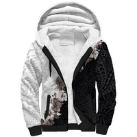 Hawaii Grayscale Hibiscus Flowers Sherpa Hoodie Polynesian Pattern With Half Black White Version