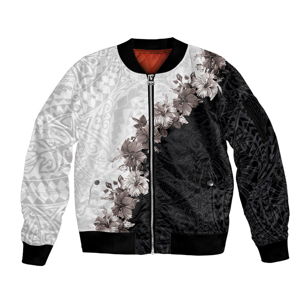 Hawaii Grayscale Hibiscus Flowers Sleeve Zip Bomber Jacket Polynesian Pattern With Half Black White Version