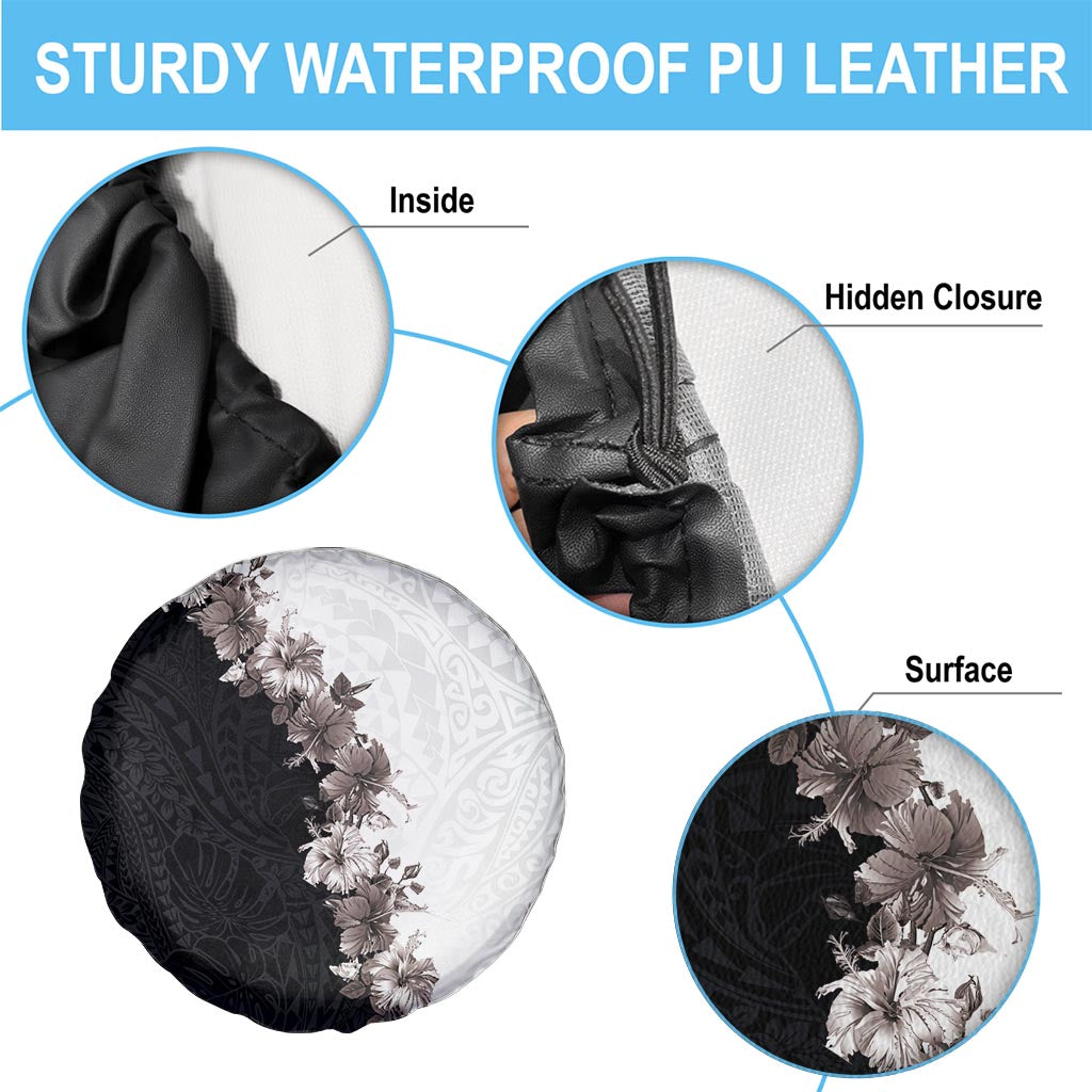 Hawaii Grayscale Hibiscus Flowers Spare Tire Cover Polynesian Pattern With Half Black White Version