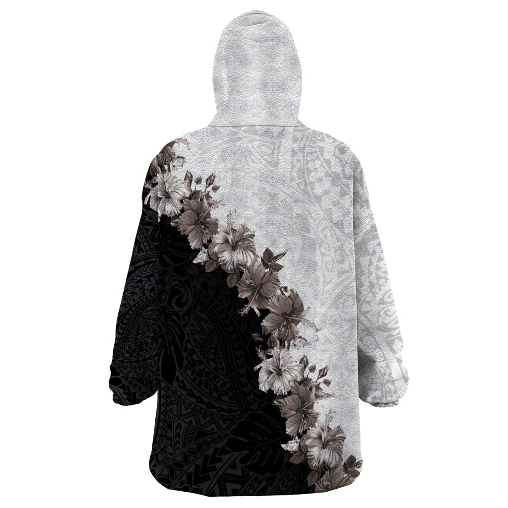 Hawaii Grayscale Hibiscus Flowers Wearable Blanket Hoodie Polynesian Pattern With Half Black White Version
