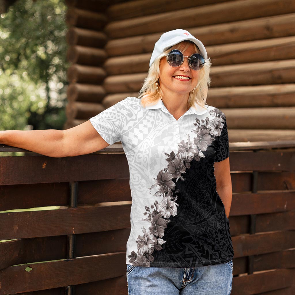 Hawaii Grayscale Hibiscus Flowers Women Polo Shirt Polynesian Pattern With Half Black White Version