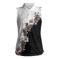 Hawaii Grayscale Hibiscus Flowers Women Sleeveless Polo Shirt Polynesian Pattern With Half Black White Version LT03 Female Black - Polynesian Pride