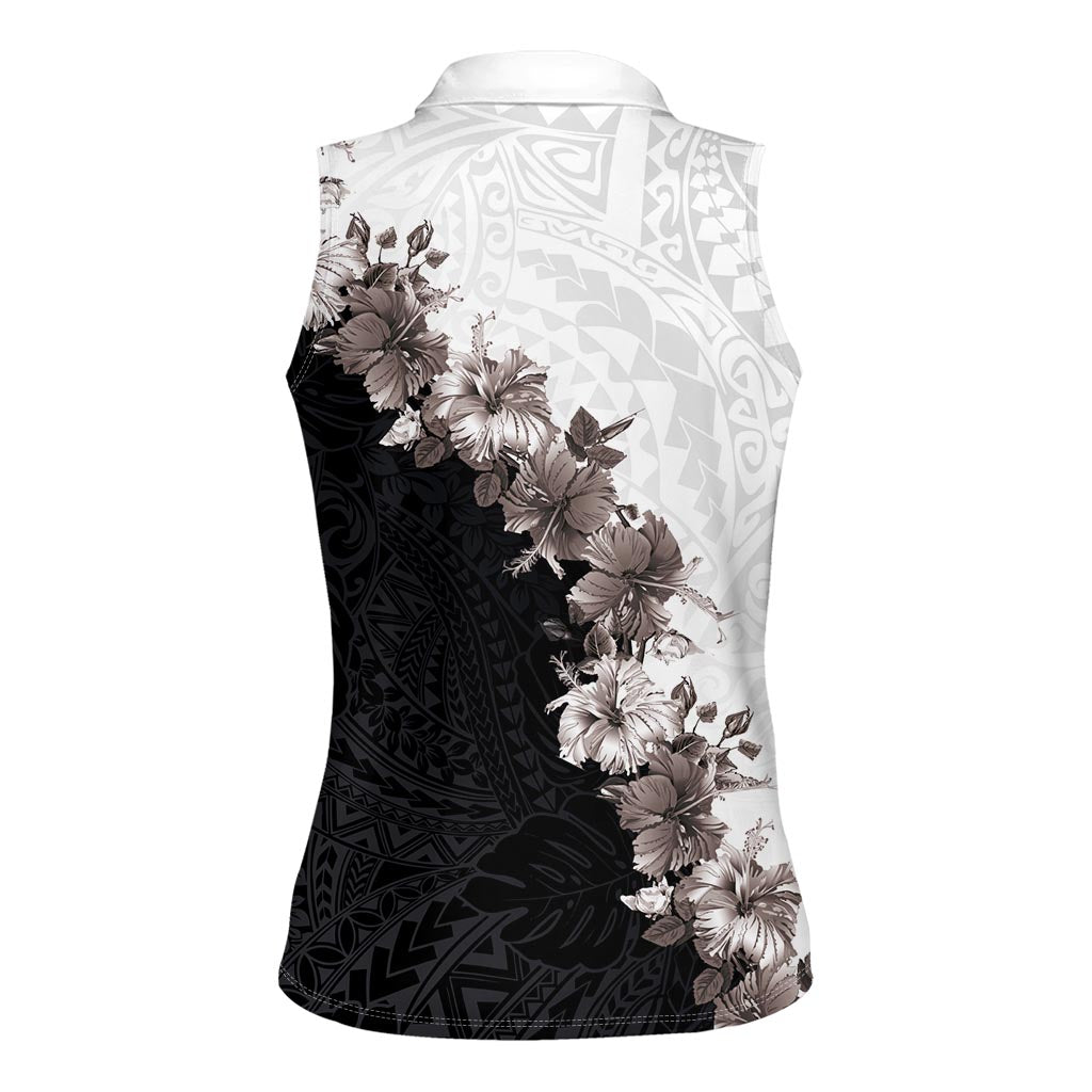 Hawaii Grayscale Hibiscus Flowers Women Sleeveless Polo Shirt Polynesian Pattern With Half Black White Version LT03 - Polynesian Pride