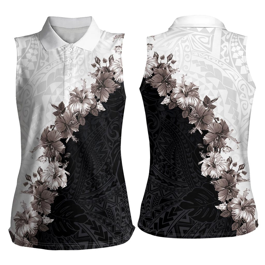 Hawaii Grayscale Hibiscus Flowers Women Sleeveless Polo Shirt Polynesian Pattern With Half Black White Version LT03 - Polynesian Pride