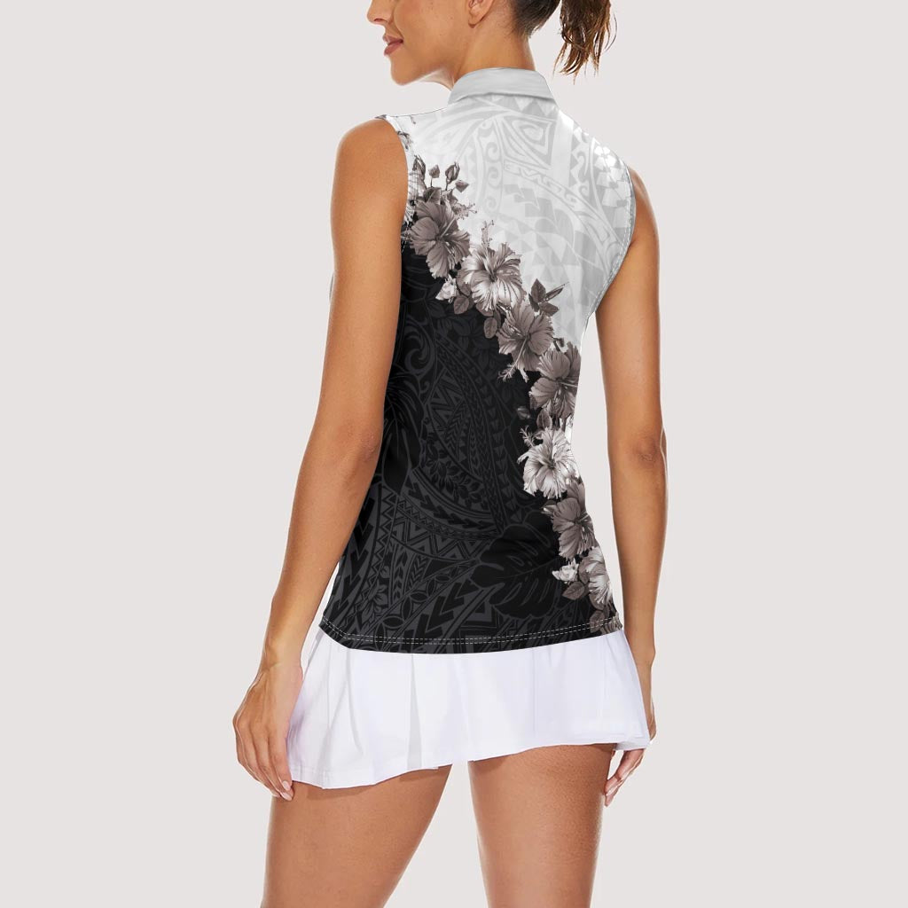 Hawaii Grayscale Hibiscus Flowers Women Sleeveless Polo Shirt Polynesian Pattern With Half Black White Version LT03 - Polynesian Pride