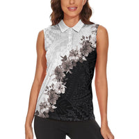 Hawaii Grayscale Hibiscus Flowers Women Sleeveless Polo Shirt Polynesian Pattern With Half Black White Version LT03 - Polynesian Pride
