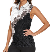Hawaii Grayscale Hibiscus Flowers Women Sleeveless Polo Shirt Polynesian Pattern With Half Black White Version LT03 - Polynesian Pride