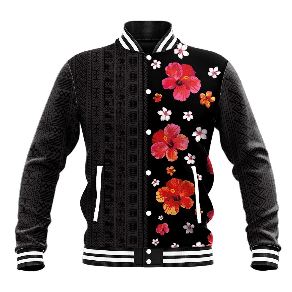 Hawaii Hibiscus and Plumeria Flowers Baseball Jacket Tapa Tribal Pattern Half Style Colorful Mode