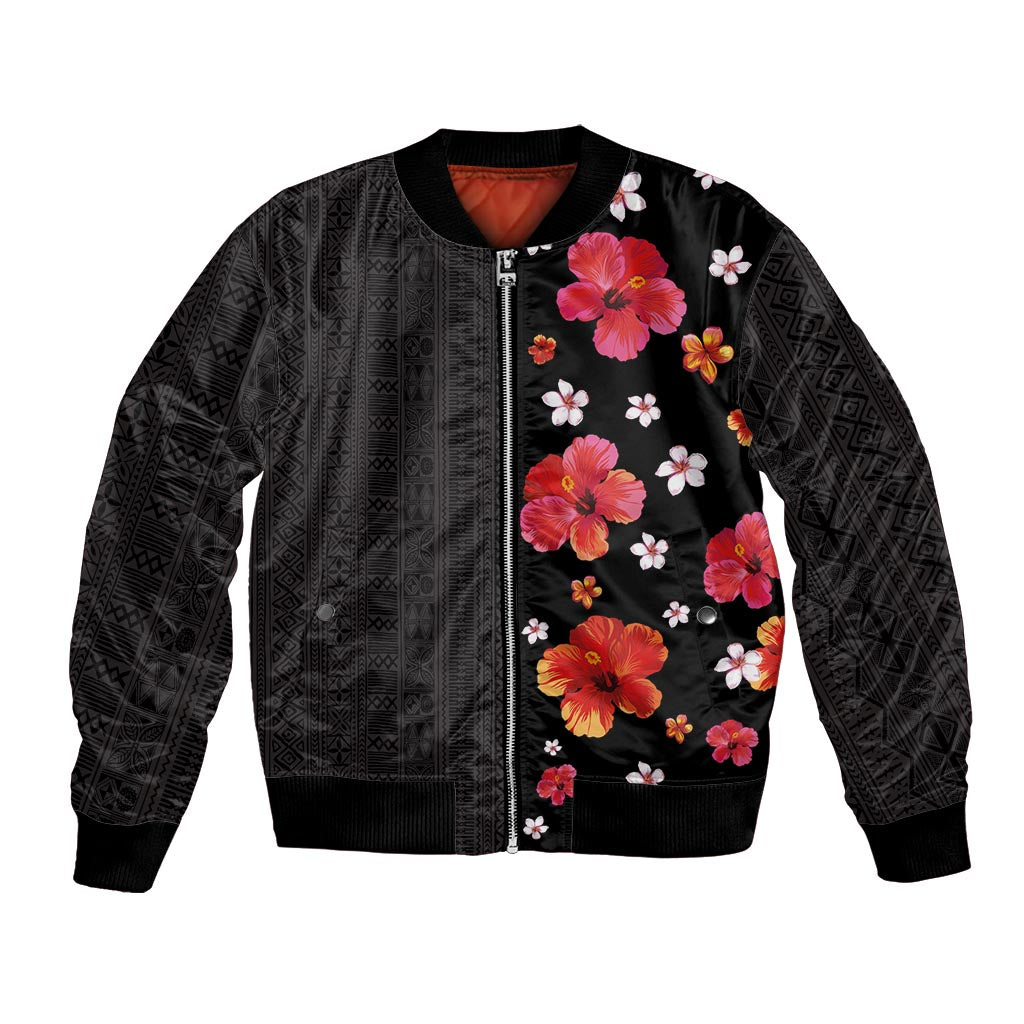 Hawaii Hibiscus and Plumeria Flowers Bomber Jacket Tapa Tribal Pattern Half Style Colorful Mode
