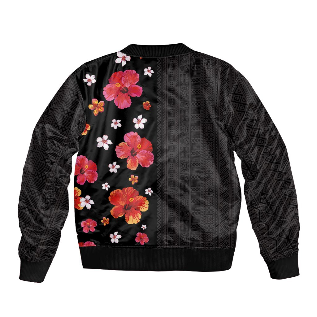 Hawaii Hibiscus and Plumeria Flowers Bomber Jacket Tapa Tribal Pattern Half Style Colorful Mode