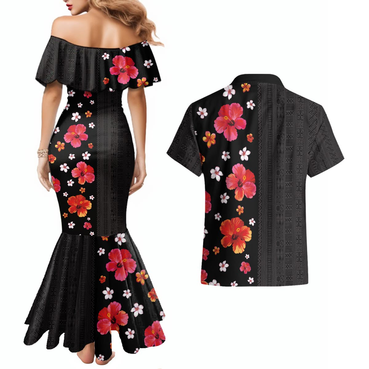 Hawaii Hibiscus and Plumeria Flowers Couples Matching Mermaid Dress and Hawaiian Shirt Tapa Tribal Pattern Half Style Colorful Mode LT03 - Polynesian Pride