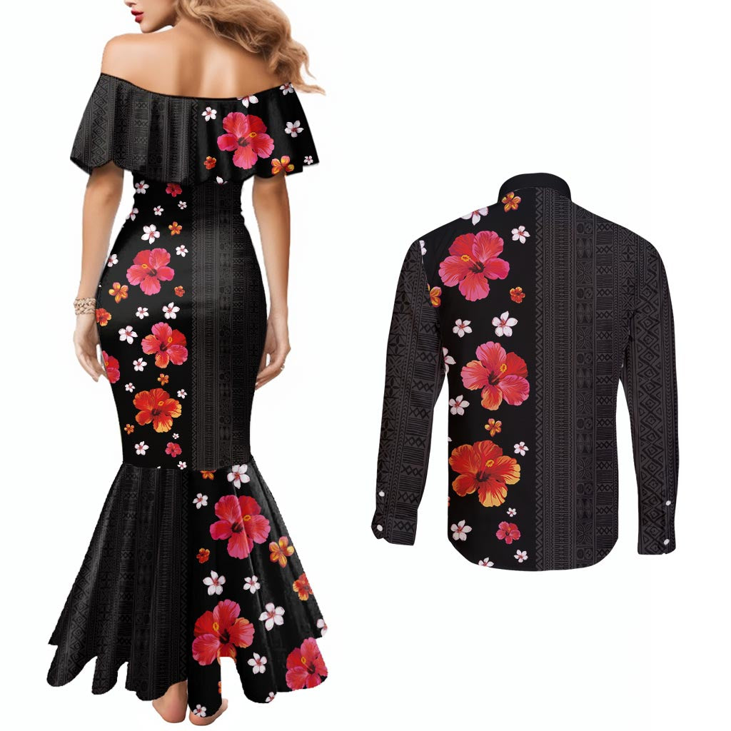 Hawaii Hibiscus and Plumeria Flowers Couples Matching Mermaid Dress and Long Sleeve Button Shirt Tapa Tribal Pattern Half Style Colorful Mode