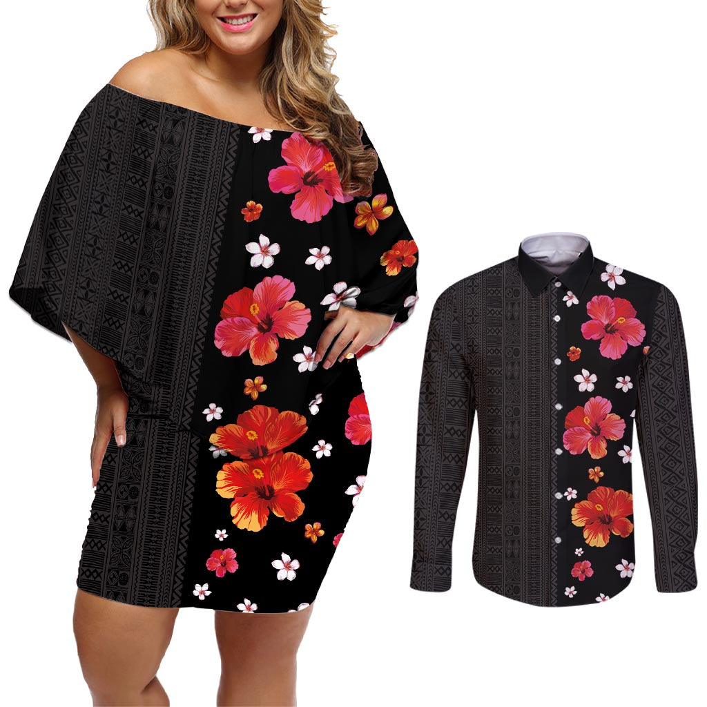 Hawaii Hibiscus and Plumeria Flowers Couples Matching Off Shoulder Short Dress and Long Sleeve Button Shirt Tapa Tribal Pattern Half Style Colorful Mode