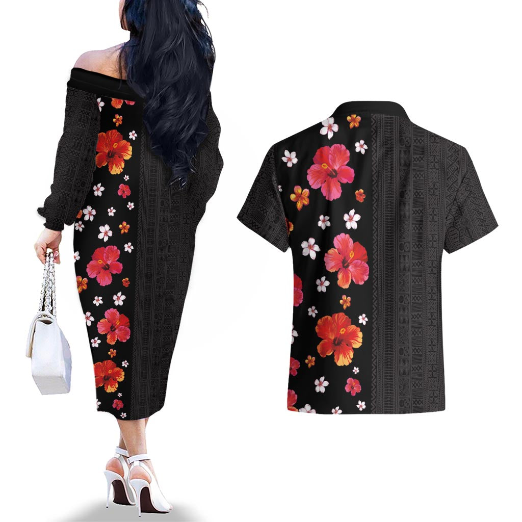 Hawaii Hibiscus and Plumeria Flowers Couples Matching Off The Shoulder Long Sleeve Dress and Hawaiian Shirt Tapa Tribal Pattern Half Style Colorful Mode LT03 - Polynesian Pride