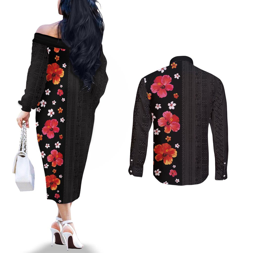 Hawaii Hibiscus and Plumeria Flowers Couples Matching Off The Shoulder Long Sleeve Dress and Long Sleeve Button Shirt Tapa Tribal Pattern Half Style Colorful Mode