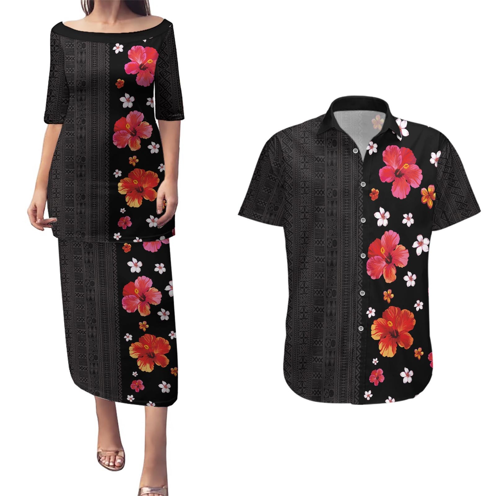 Hawaii Hibiscus and Plumeria Flowers Couples Matching Puletasi and Hawaiian Shirt Tapa Tribal Pattern Half Style Colorful Mode