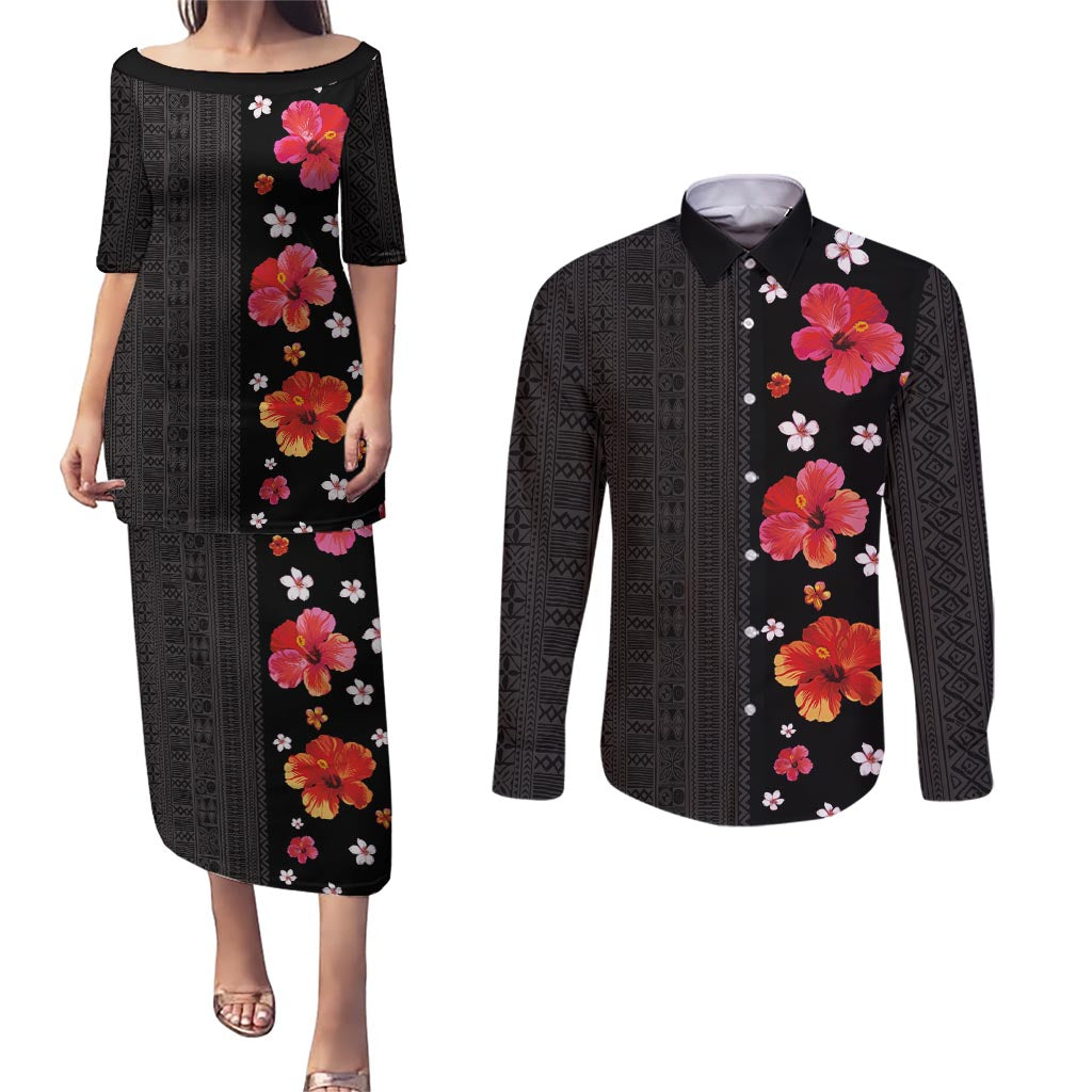 Hawaii Hibiscus and Plumeria Flowers Couples Matching Puletasi and Long Sleeve Button Shirt Tapa Tribal Pattern Half Style Colorful Mode LT03 Black - Polynesian Pride