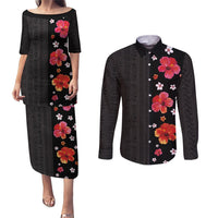 Hawaii Hibiscus and Plumeria Flowers Couples Matching Puletasi and Long Sleeve Button Shirt Tapa Tribal Pattern Half Style Colorful Mode LT03 Black - Polynesian Pride