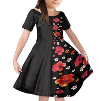 Hawaii Hibiscus and Plumeria Flowers Family Matching Puletasi and Hawaiian Shirt Tapa Tribal Pattern Half Style Colorful Mode LT03 Daughter's Dress Black - Polynesian Pride