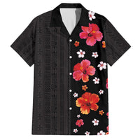 Hawaii Hibiscus and Plumeria Flowers Family Matching Puletasi and Hawaiian Shirt Tapa Tribal Pattern Half Style Colorful Mode LT03 Dad's Shirt - Short Sleeve Black - Polynesian Pride