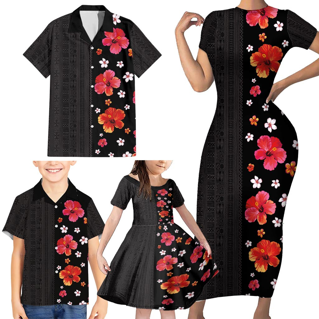 Hawaii Hibiscus and Plumeria Flowers Family Matching Short Sleeve Bodycon Dress and Hawaiian Shirt Tapa Tribal Pattern Half Style Colorful Mode