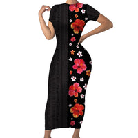Hawaii Hibiscus and Plumeria Flowers Family Matching Short Sleeve Bodycon Dress and Hawaiian Shirt Tapa Tribal Pattern Half Style Colorful Mode