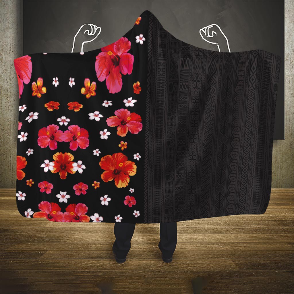 Hawaii Hibiscus and Plumeria Flowers Hooded Blanket Tapa Tribal Pattern Half Style Colorful Mode