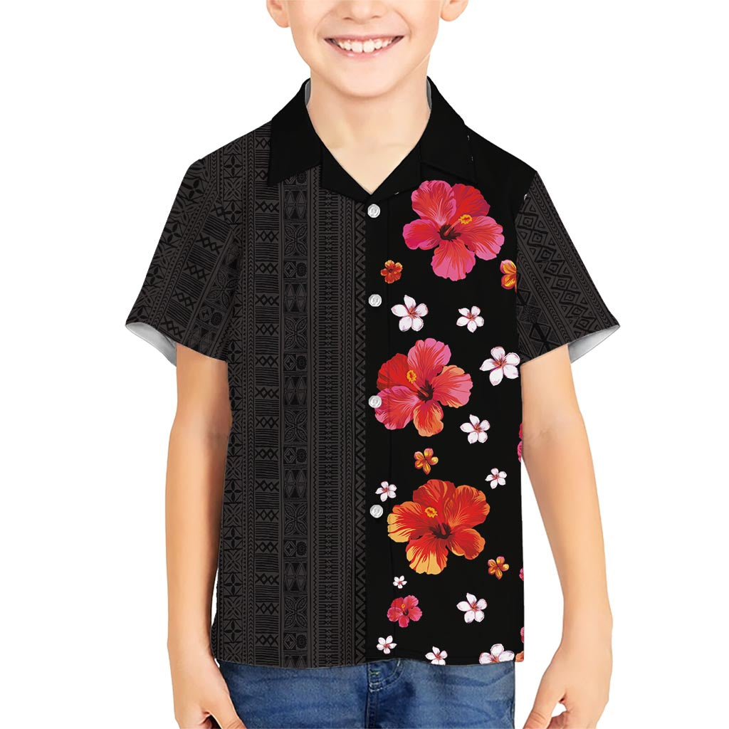 Hawaii Hibiscus and Plumeria Flowers Kid Hawaiian Shirt Tapa Tribal Pattern Half Style Colorful Mode LT03 Kid Black - Polynesian Pride